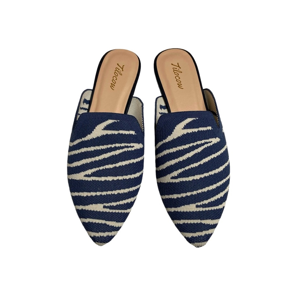 TILOCOW Blue Zebra Stripe Pointed Toe Knit Mules